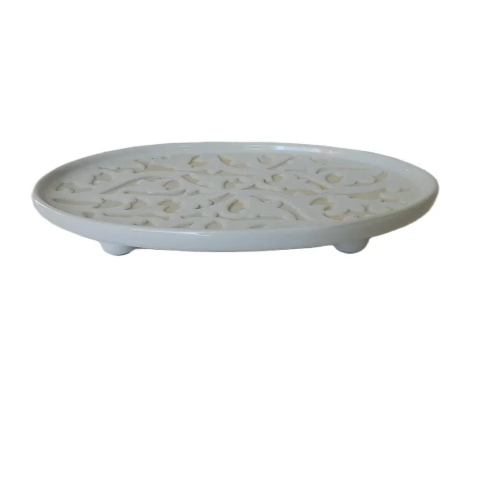 Carved Footed Ceramic Soap Dish White Leaf Design Elegant Bath Decor